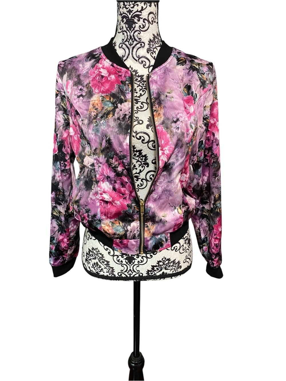 NWT Allegra-K Fuchsia Floral  Print Bomber Jacket Sz-Small